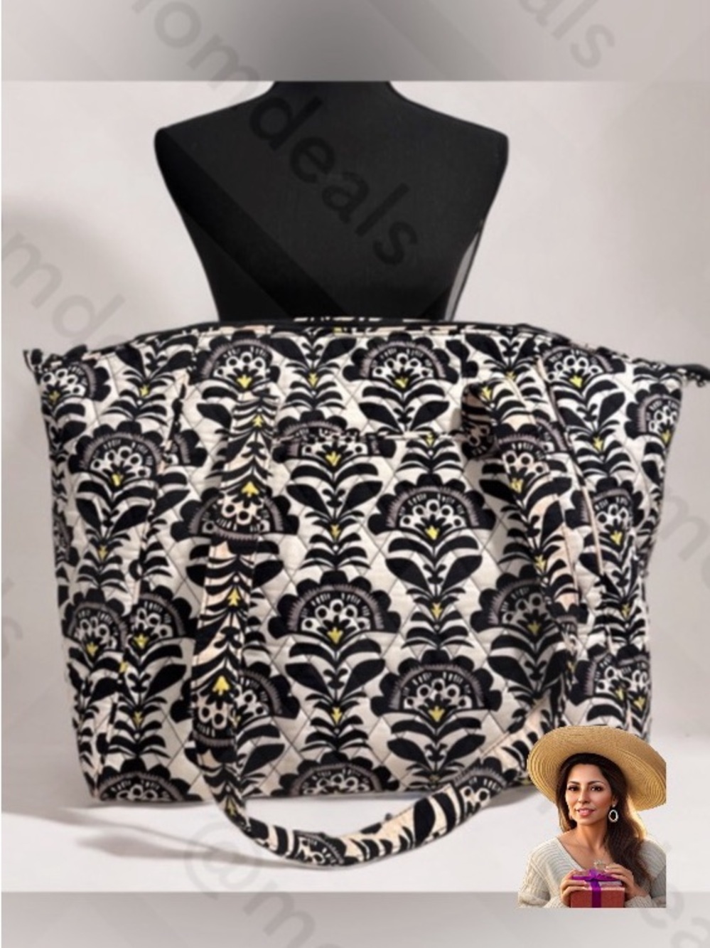 Vera Bradley Fanfare Large Travel Bag Zip ClosureBlack White Bright Yellow EUC